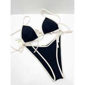 Aerie Ribbed Black and White Pipping Bikini Set New with tags M and L